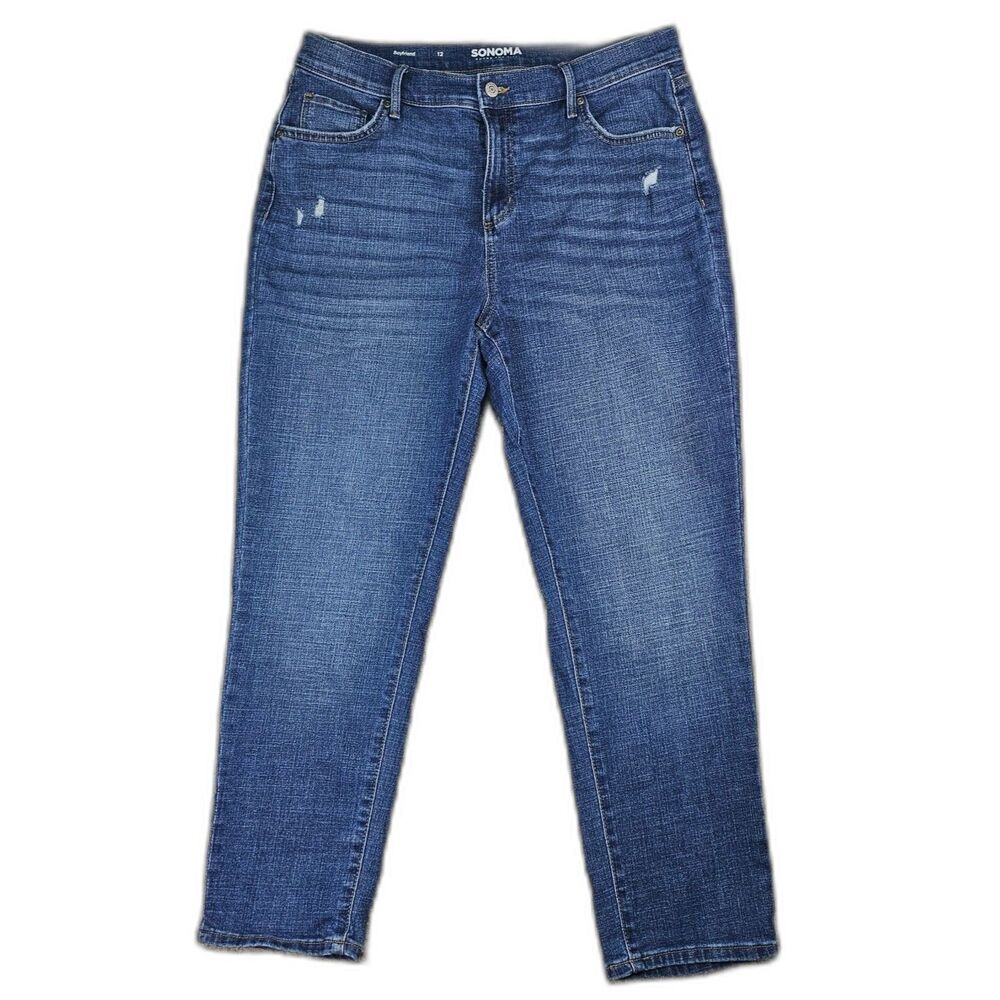 Sonoma Womens 12 High Rise Boyfriend Jeans Medium Wash Distressed Cropped